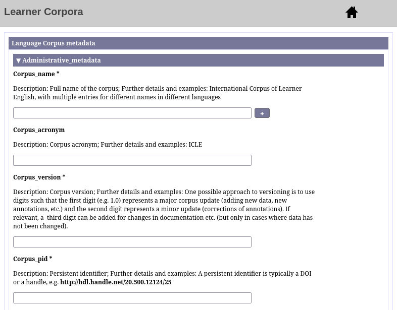 Learner Corpus Metadata CMDI forms -- Administrative section