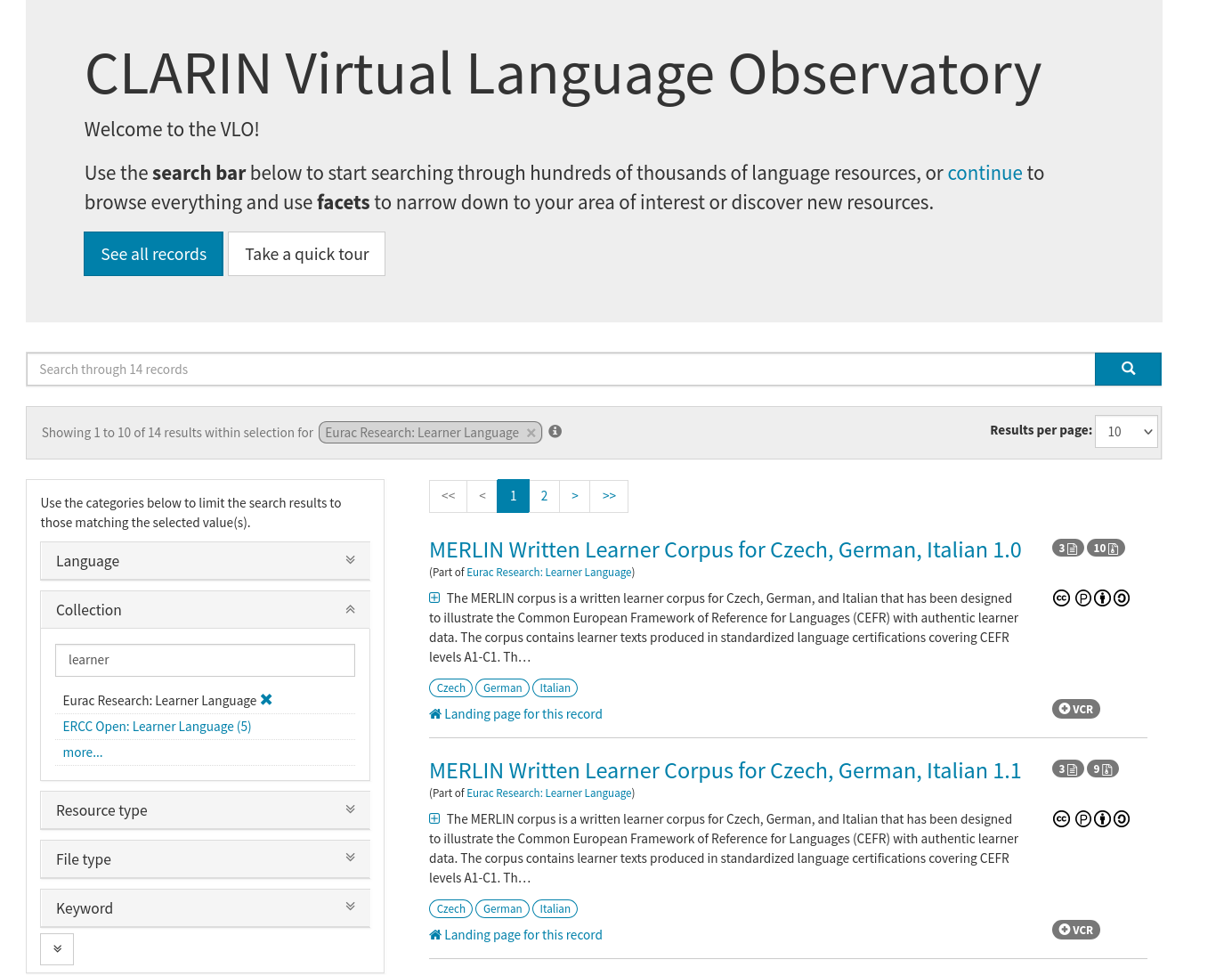 CLARIN VLO showing some learner corpora