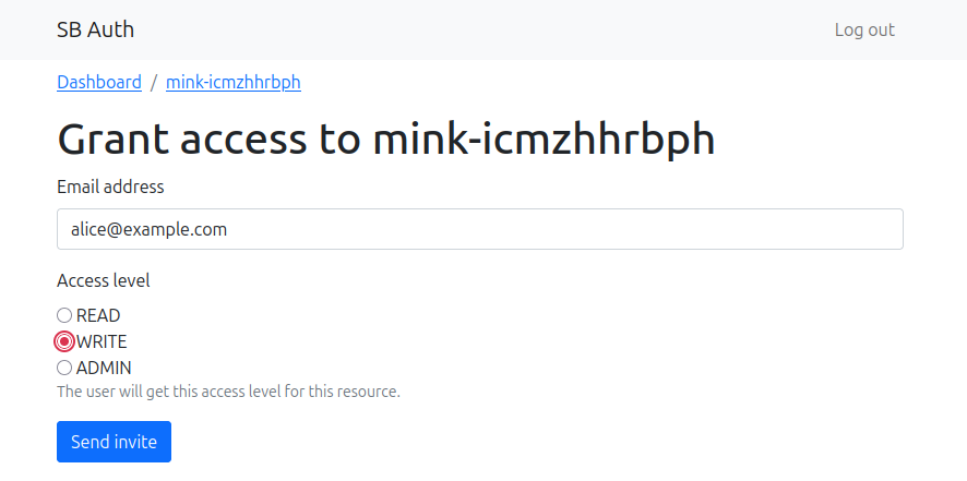 Screenshot from the resource invite page of SB Auth