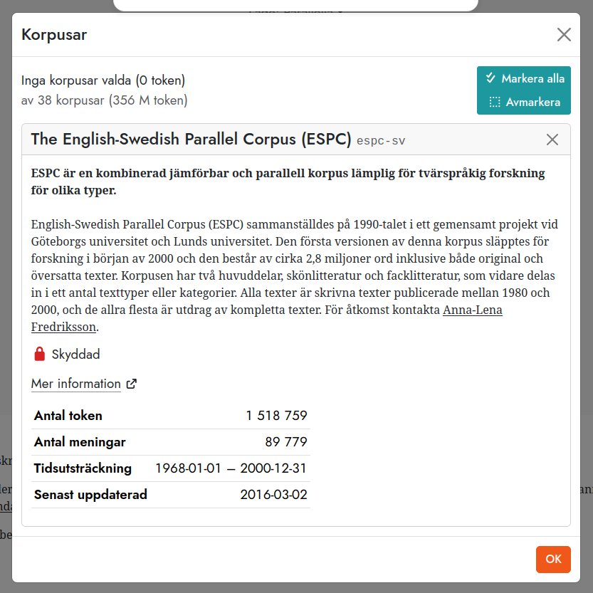 Korpusväljaren med korpusinformationen öppnad