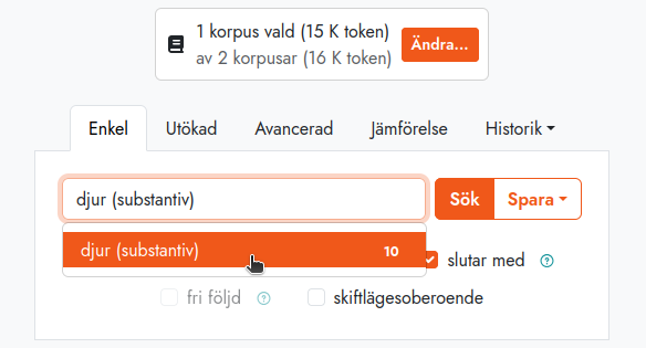 Korps sökruta med "djur (substantiv)" ifyllt